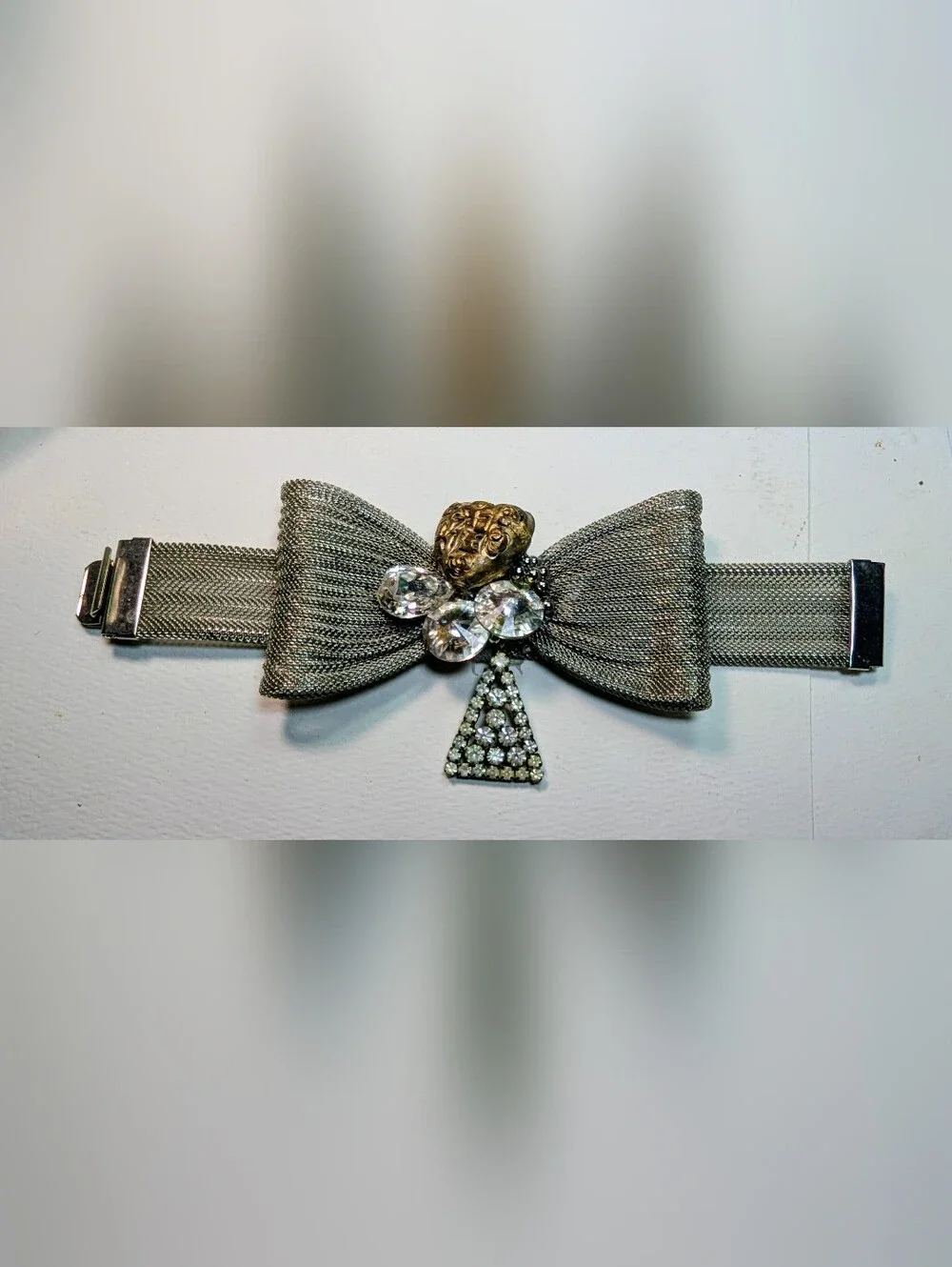 Wendy Gell silver mesh bow bracelet with dangle